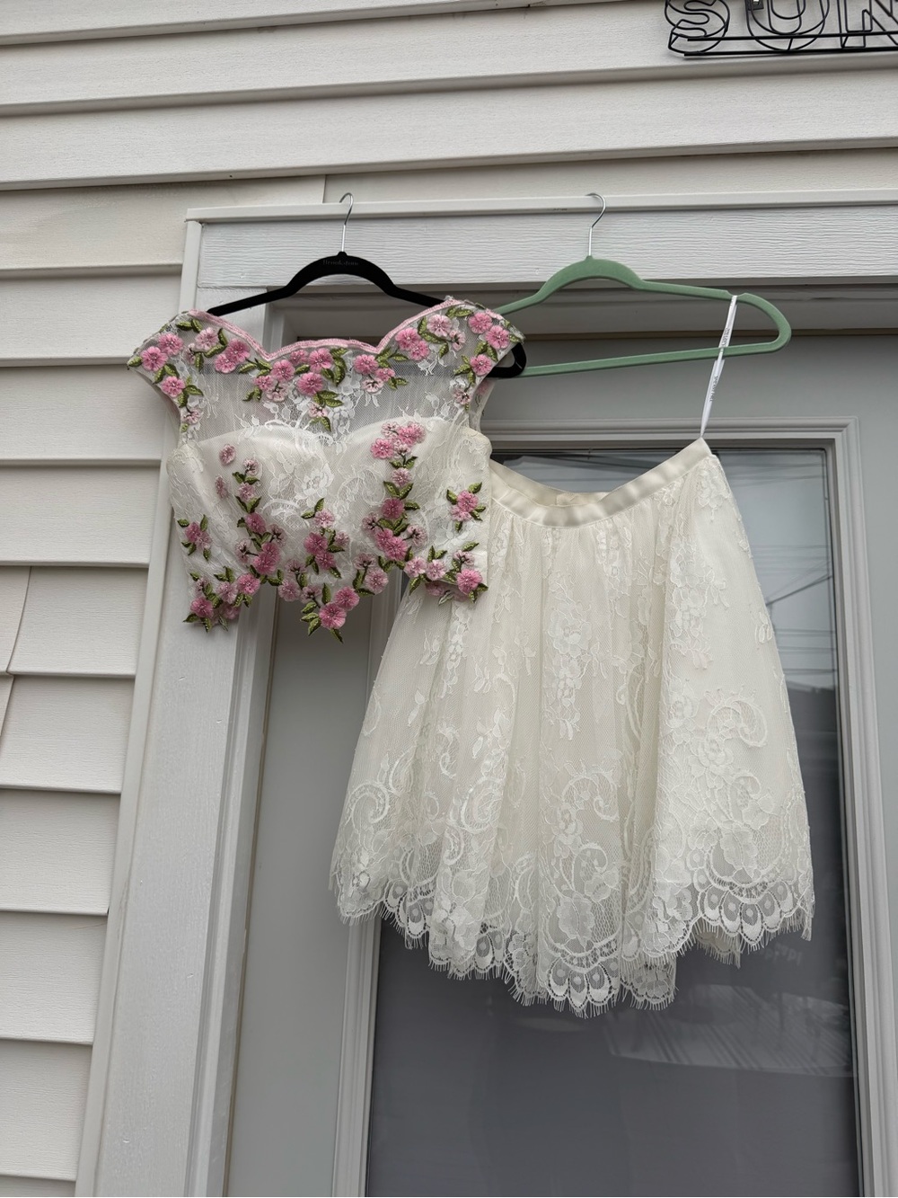 Sherri Hill Ivory Two-Piece Lace Prom Dress with Pink Floral Appliqué